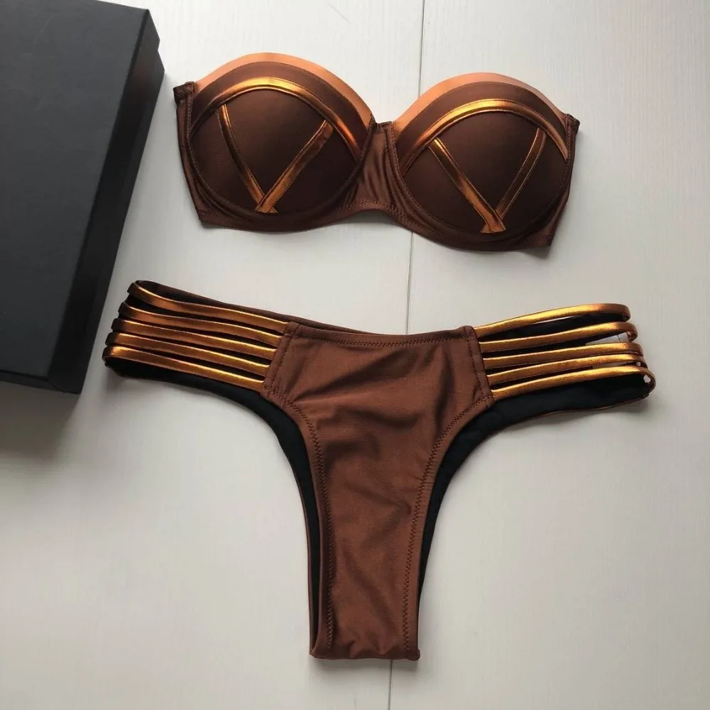 Black Bandage Swimsuit 2019 Sexy Brazilian Bikini Push Up Swimwear Women Micro Bikinis Plus Size Beachwear Shiny Gold Beachwear