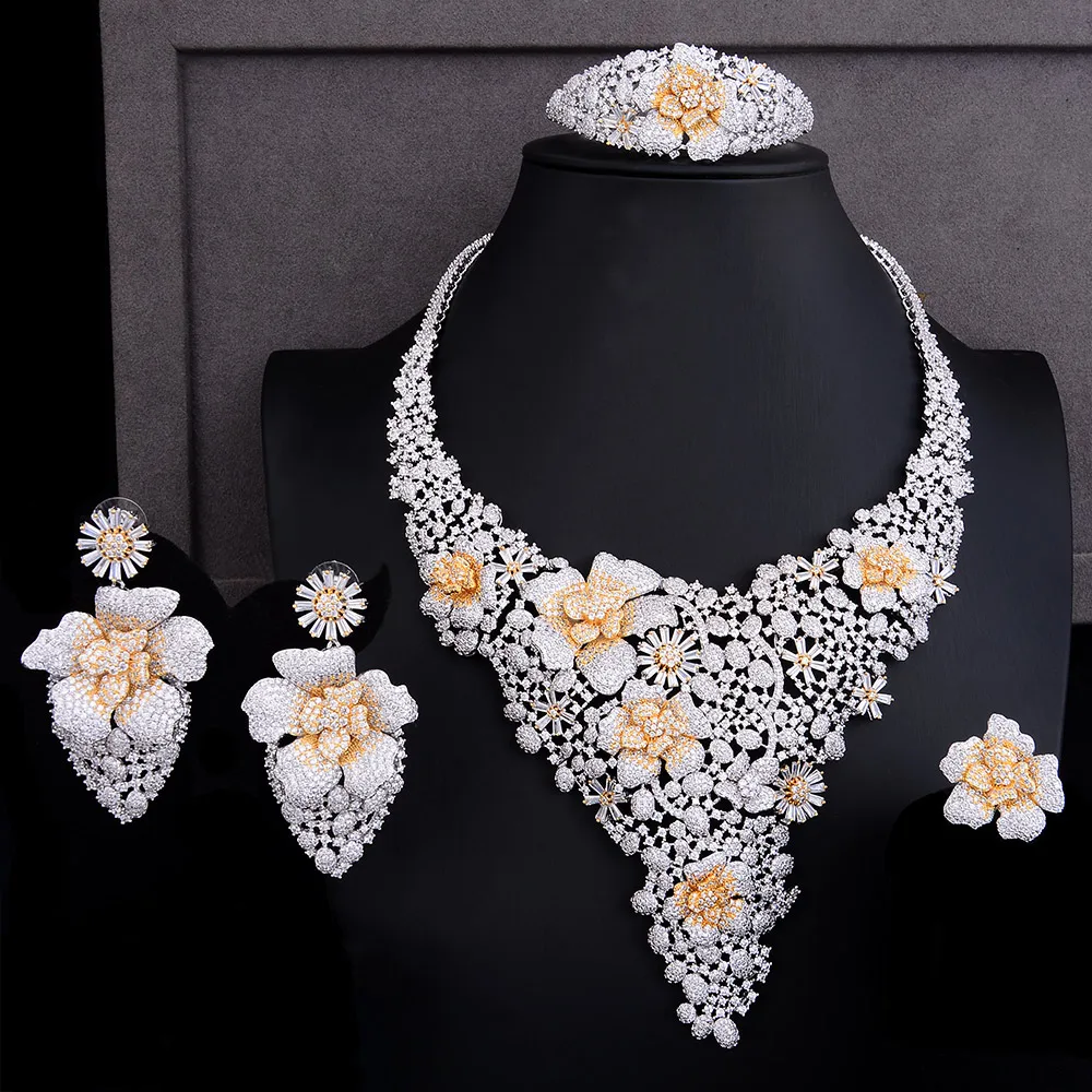 

GODKI Luxury Shiny Snowflake Flower 4PCS African Jewelry Sets For Women Wedding Cubic Zircon Nigeria Dubai Gold jewelry Set 2019
