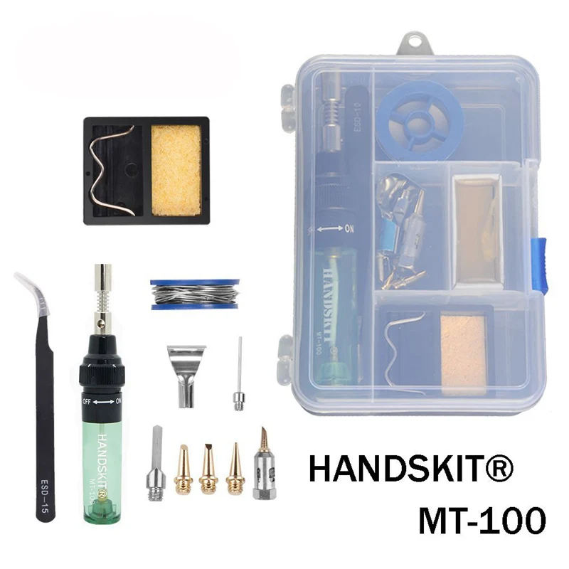 Handskit MT-100 Газовый паяльник Электрический паяльник пистолет дующий фонарь беспроводной уличный беспроводной DIY бутан газовый пистолет - Цвет: mt100box and twezzer