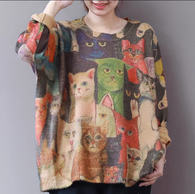 

Autumn Winter Sweater Retro Women Large size Loose Knitting Sweater Tops Print Character O-Neck Casual Blended Female Sweater