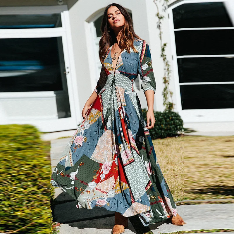 

Vintage Multicolor Summer Dress 2019 Sexy V-Neck Boho Beach Dress Women Elegant Bohemian Style Robe Femme Casual Long Maxi Dress