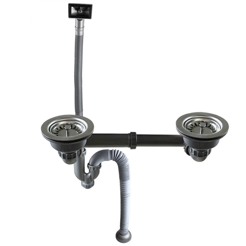  Talea stainless steel Double drainpipe Rear position with overflow sink Drain Kit Kitchen Fixtures - 32858286621
