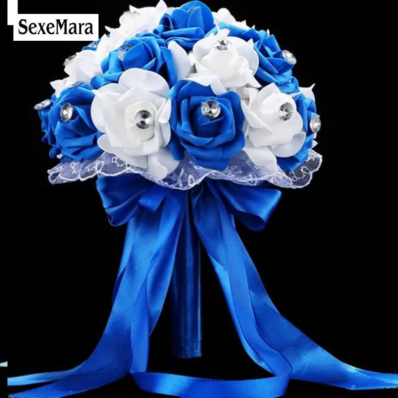 Sexemara Edding باقة اليدوية زهرة اصطناعية روز Buque Casamento الزفاف باقة ورد لحفل الزفاف الأزرق والأبيض