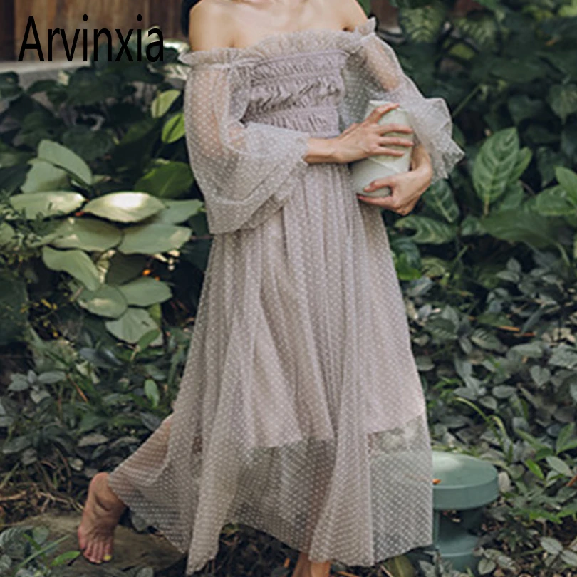 

Arvinxia ZA Sexy Mesh Woman Off Shoulder Dress Fashion Polka Dot Strapless Lady Vestidos Elegant Bufferfly Sleeve High End Dress