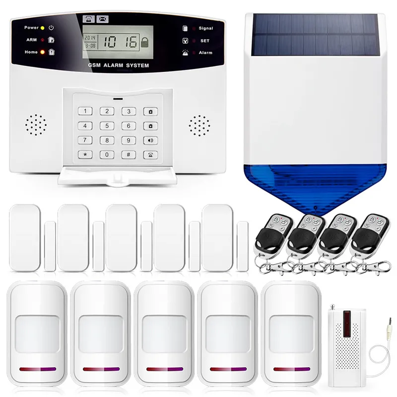 

433MHz Wireless Solar Siren Alarm System Home GSM Burglar Security Alarm System Voice Prompt Wireless Door sensor LCD Display