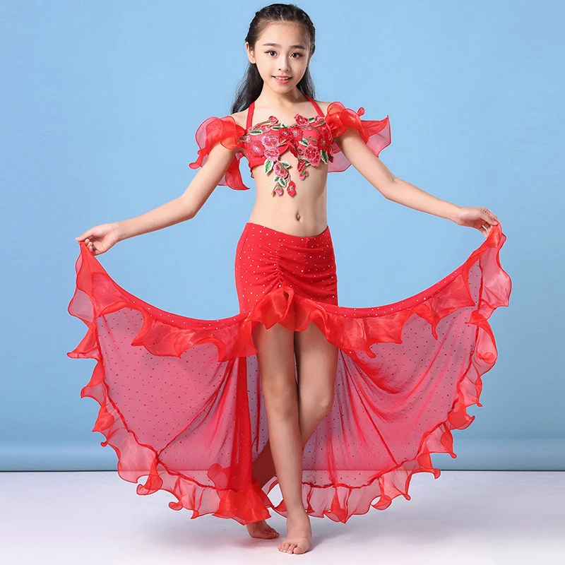 

2019 Performance Children Dance Clothes Flower Red Outfit Belly Dance Costume 2pcs Set Bra and Skirt