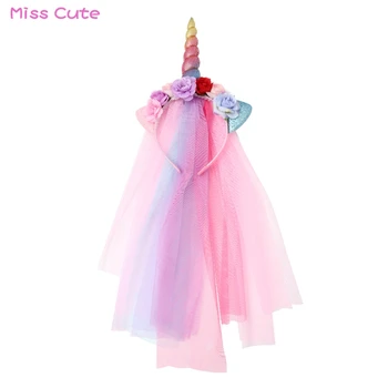 

Rainbow Unicorn Headband With Colorful Tulle For Girls Kids Glitter Cat Ear Flower Headband Birthday Party Unicorn Hair Band