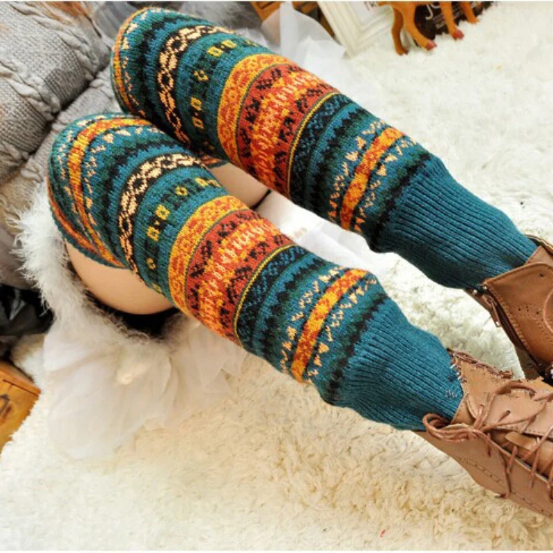 

Fashion Women Winter Elegant Over Knee Long Knit cover Patchwork Colorful Ladies Crochet Vintage Leg Warmers Legging Chic Y2