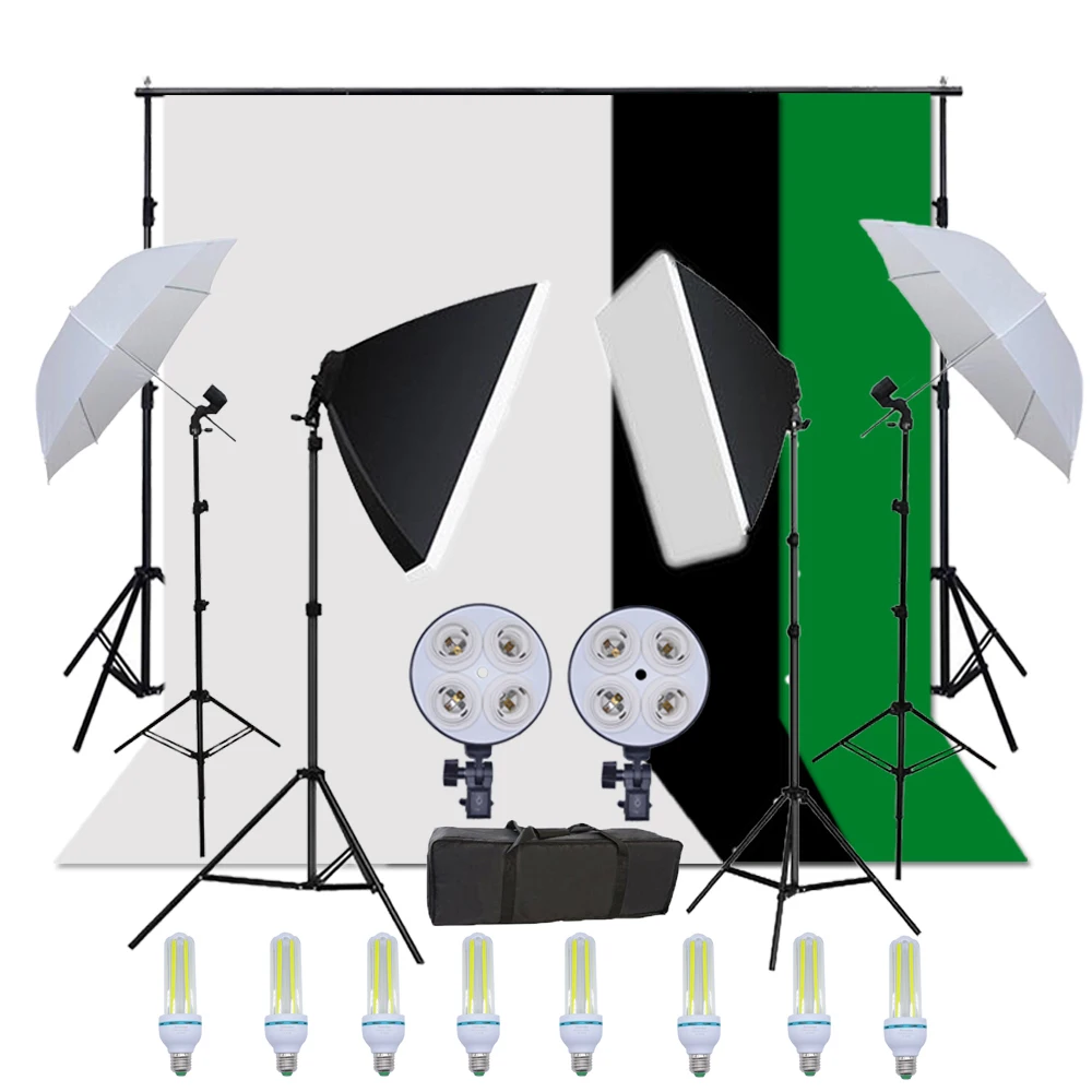 

Russia Free Shipping Photo Studio Equipment LED Photography Lighting Kit Softbox umbrella Kit and Backdrop with Background Stand