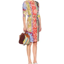 Женская мода шоу, красивый винтажный принт, половина рукава эластичное трикотажное платье из шелкового трикотажа