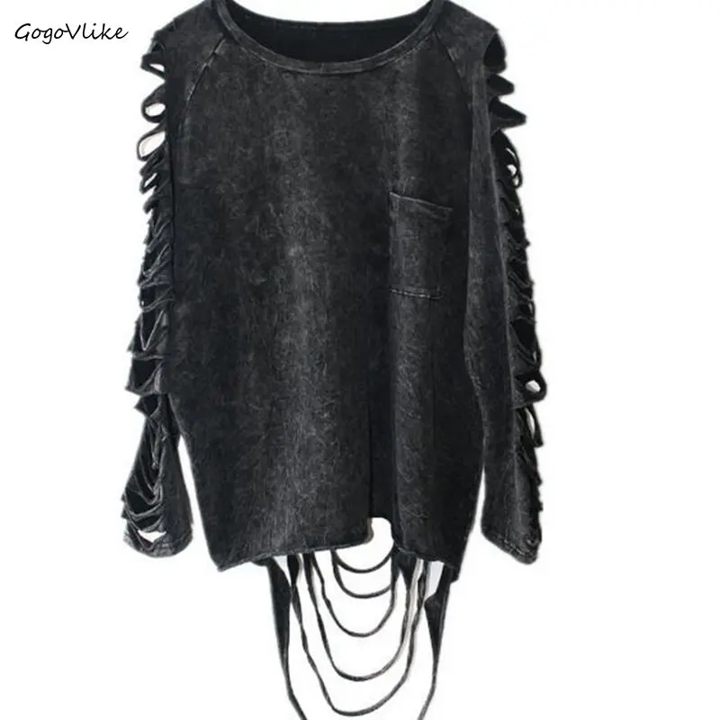 

Sexy female punk rock loose tops black long tassel cutout hole long sleeve water wash t shirt hiphop pockets tees LT201