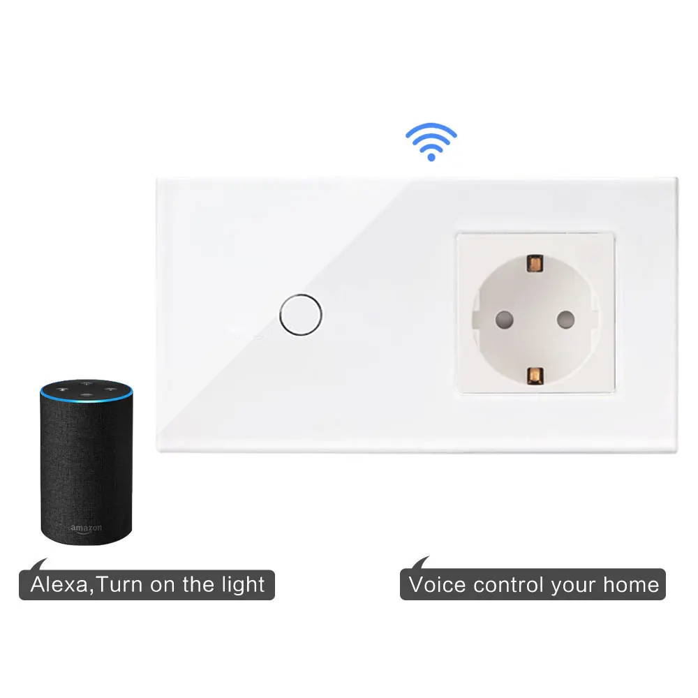  Bingoelec 1 Gang 1 Way WIFI Touch Switch With Germany Socket EU Standard Crystal Glass Panel Smart  - 33015347253