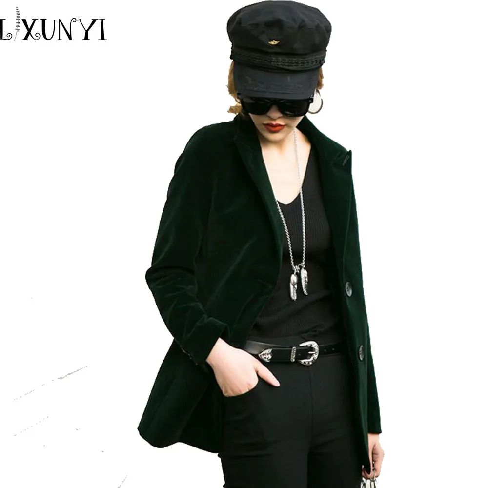 2019 Spring Black Green Velvet Blazer Women High Quality