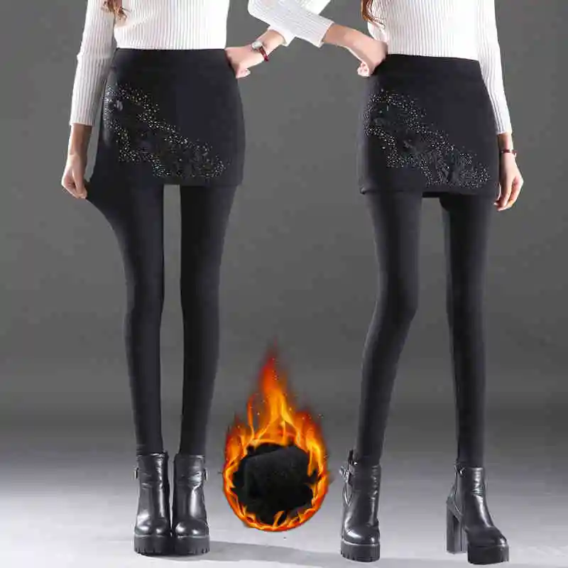

Fashion Women Skinny Trousers 2019 Autumn And Winter New Korean Slim Plus Velvet Thick Stitching False Two Piece Legging Pant