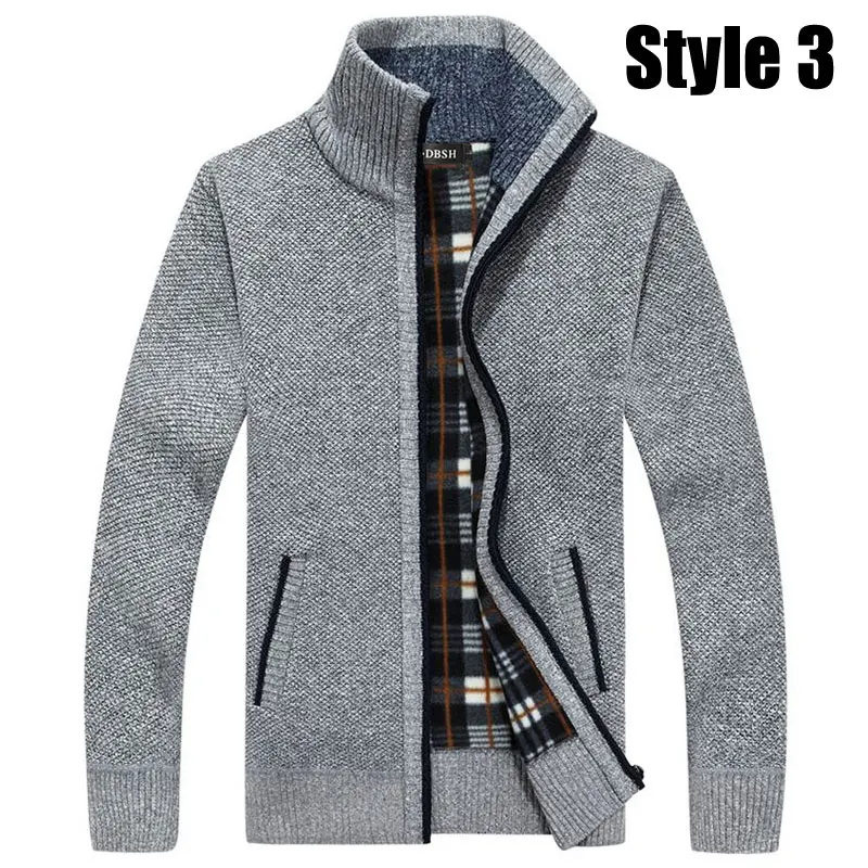 Мужской флисовый свитер Повседневный стиль воротник-стойка хлопок материал тонкая шерсть теплый толстый свитер осень зима кардиган Размер S-3XL - Цвет: Style3 Pale Gray