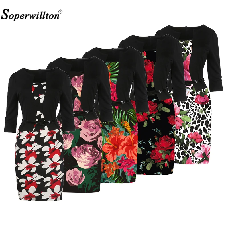 

2018 Summer Women Dress Casual Elegant Office Work Floral Print Patchwork Sheath Slim Fitted Three Quarter Loose Cotton Dresses