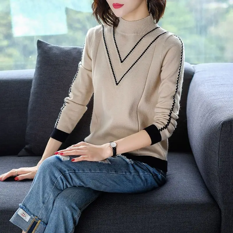 

Women Autumn Winter Sweaters And Pullovers Long Sleeve Knitted Turtleneck Stiped Tops Female Fashion Thick All-Match Clothes P45
