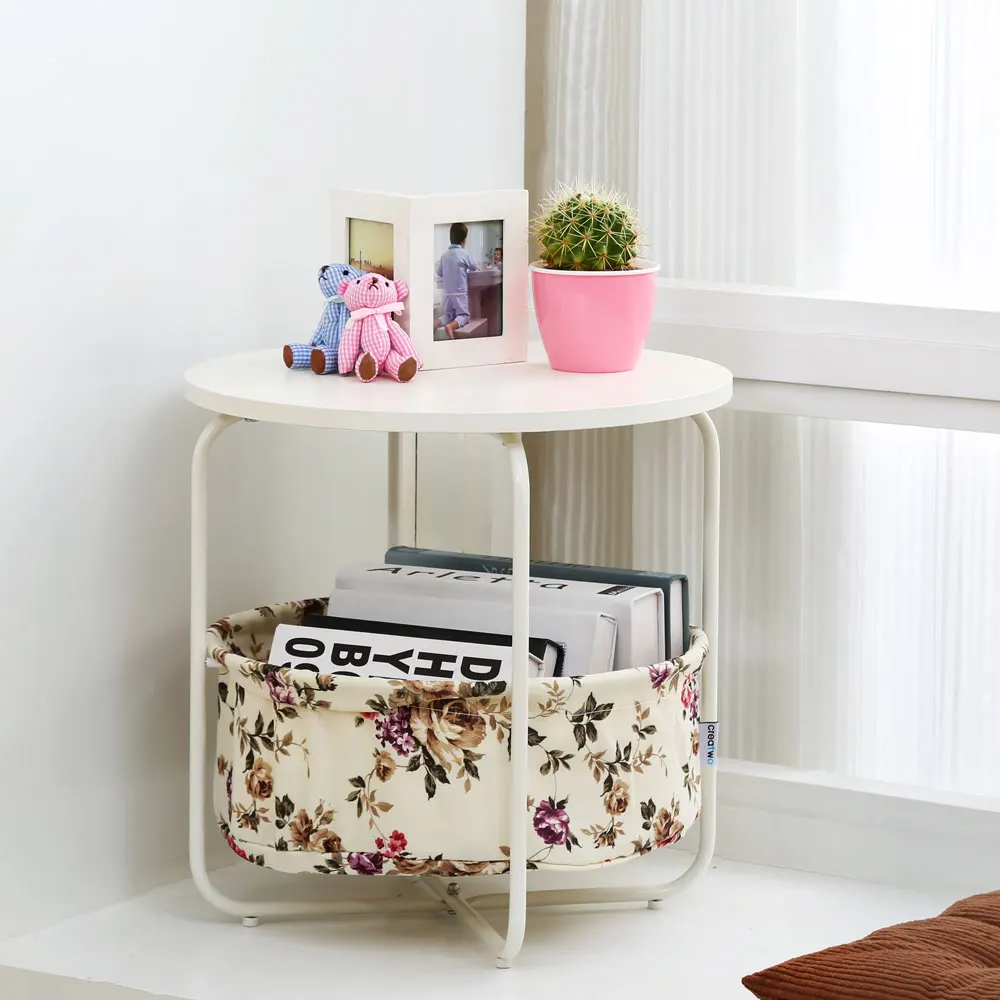 Round Wooden Side Table 2 Tiers With a Book Storage Canvas Basket Bag Round Wooden Side Table 2 Tiers With a Book Storage Canvas Basket Bag