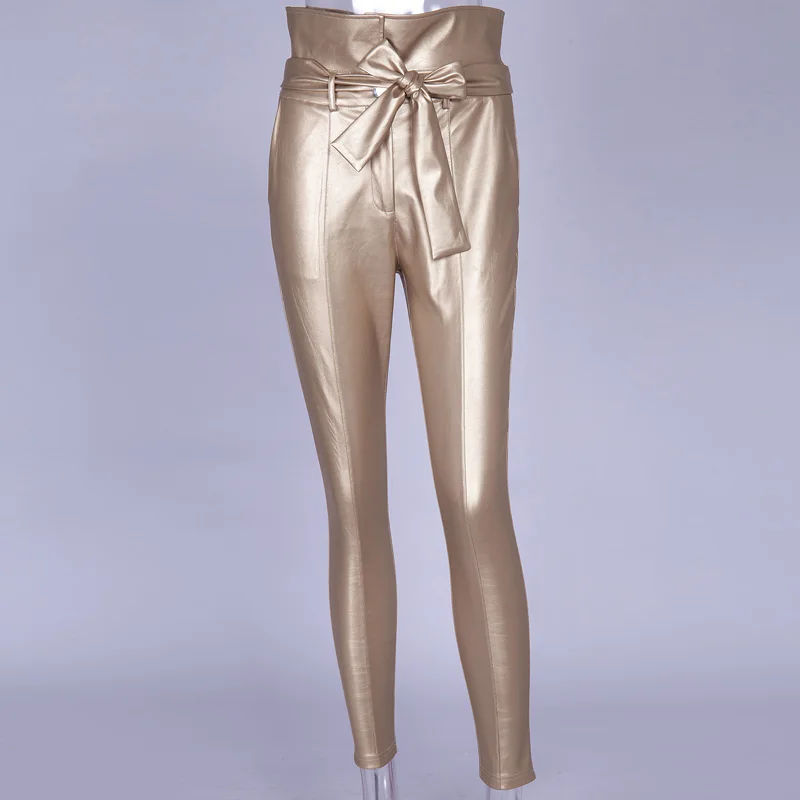 InstaHot золотой черный пояс Высокая талия карандаш брюки для женщин искусственная кожа PU пояса длинные брюки повседневные сексуальные эксклюзивный дизайн мода - Цвет: gold pencil pant