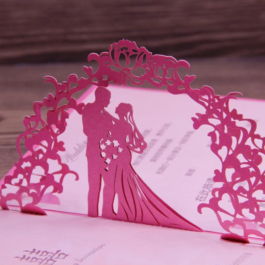Fuchsia Invitation Wedding Card Laser Cut Art Paper 21D Pop Up Design  Elegant Wedding Souvenirs 21pcs Free Shipping Pertaining To Wedding Pop Up Card Template Free