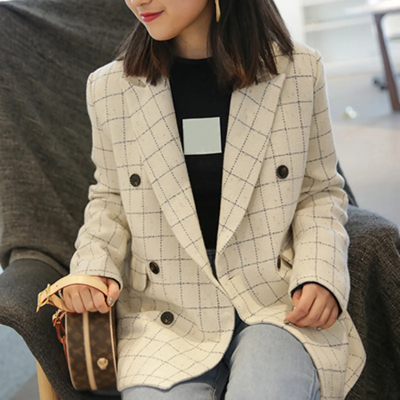 Goede 2018 Herfst Vrouwen Plaid Blazer Notched Double Breasted Casual Jas Mode Vrouwen Pak Jas Femme Winter Uitloper hoge kwaliteit