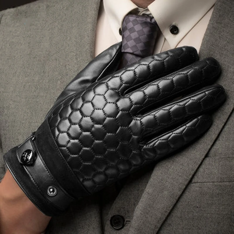Genuine Leather Men Black Gloves Fashion Plaid Business Sheepskin