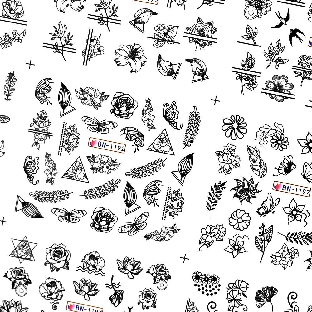 12 видов дизайн ногтей черная наклейка переноса воды Стикеры татуировки фольга DIY цветок розы слайдер обертывания бумага для маникюра украшения Маникюр
