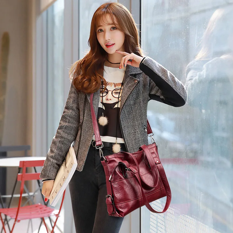 

Women PU Leather Handbag Stitching Big Capacity Shoulder Bag Soft Tote for Shopping Popular
