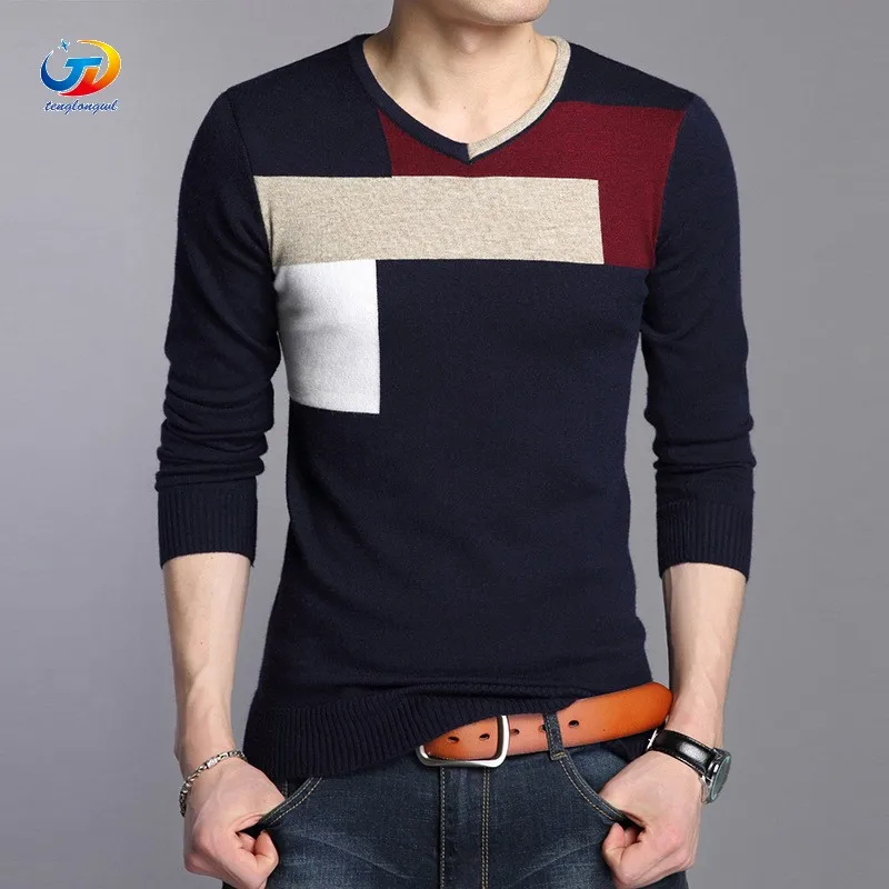 Tenglongwl Solid Color Pullover Men V Neck Sweater Men Long Sleeve