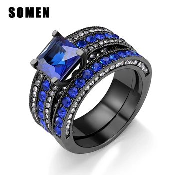 Conjunto de anillo negro para mujer, anillo de acero inoxidable de Zirconia cúbica azul, anillo de boda, joyería de compromiso, alianza anel alianza