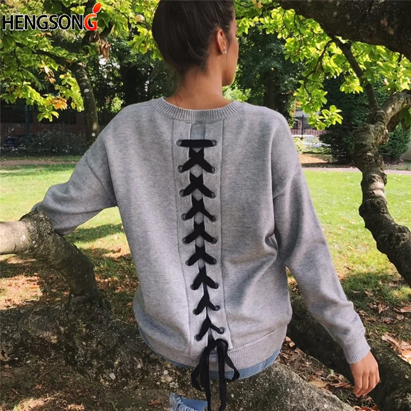 

Women Sweatshirt New Fashion Back Lace Up Harajuku Hoodies Autumn Spring Long Sleeve O-Neck Pullovers Hoody Tracksuits