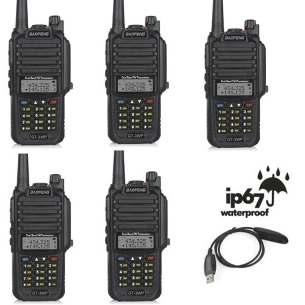 5x Baofeng GT-3WP IP67 Водонепроницаемый VHF/UHF двухполосная приёмопередающая установка Ham двухстороннее радио Walkie Talkie с USB и автомобильные Зарядное