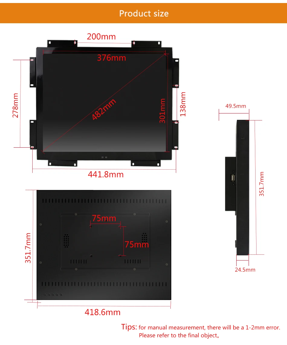 19 дюймов/19 "VGA/USB/HDMI Интерфейс промышленных Управление ЖК-сопротивление Сенсорный экран Мониторы металла В виде ракушки вешалка монтаж 5:4