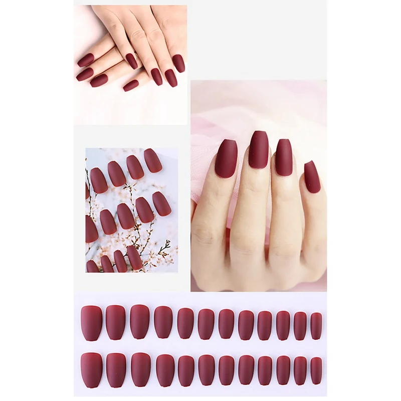 24 шт. скраб балерина Nail Art Tips Бургундия поддельные гроб ногтей мягкие плоские ногти маникюр накладные ногти