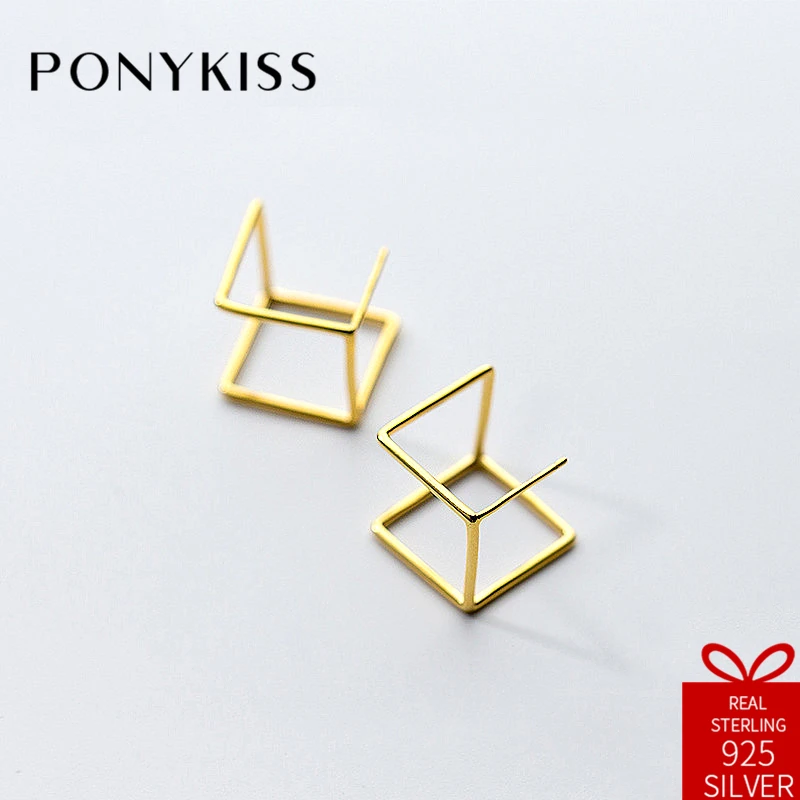 

PONYKISS Trendy S925 Sterling Silver Simple Stud Earrings Women Prevent Allergy Geometric Jewelry Accessory Wedding Hollow Gift