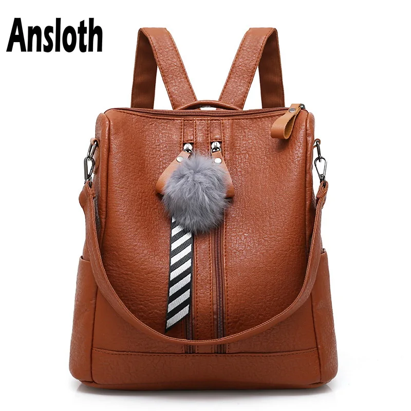 

Ansloth New Plush Ball Shoulder Bags For Women Fashion PU Leather Backpack Vintage Casual Large Capacity Backpacks Female HPS91
