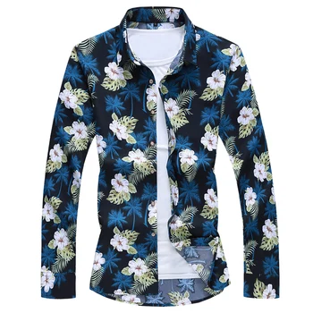

Male Shirts Long Sleeve Men Shirt Brand Clothing Casual Slim Fit Floral Print Beach Sea Shirt Masculina Chemise Homme Plus 7XL