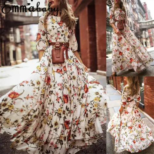 

Women Ladies Boho Floral Long Sleeve Loose Summer Evening Party Holiday Beach Slit Spilt Sundress