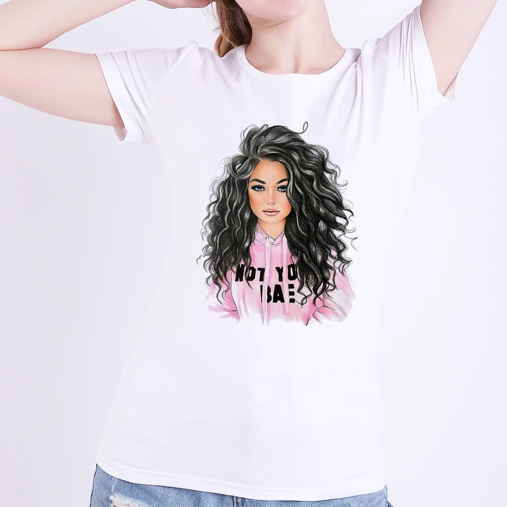 

Hand Painted Cartoon Fashion Long Hair Lady Female T-shirt White Cotton Women Tshirts Summer Casual Harajuku T Shirt Femme Top