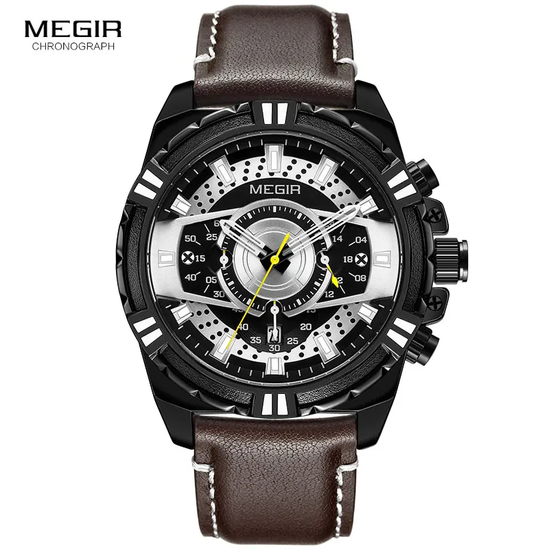 

MEGIR Luxury Brand Quartz Watch Men Leather Band Military Army Watches Fashion Black Chronograph Sport Wristwatch 2019 New Desig