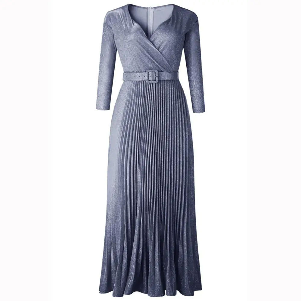 

Women's Vintage V Neck Foil Gold Slim Long Pleated Dress Ladies Evening Party Sexy Maxi Dresses