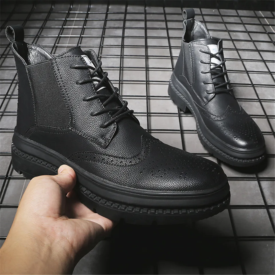 LIN KING/черные мужские ботильоны в стиле ретро; мужские ботинки «Челси» в стиле панк; короткие ботинки без шнуровки; полуботинки с перфорацией типа «броги»; водонепроницаемые мужские уличные ботинки