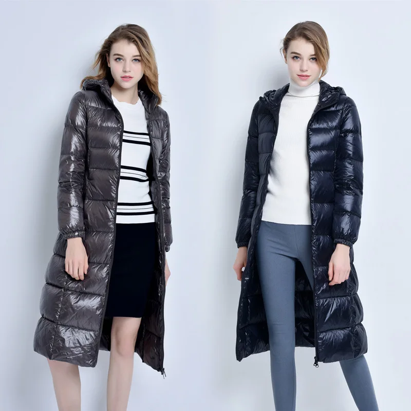 down jacket woman hooded Winter white duck down long jacket women Red black gray long coat