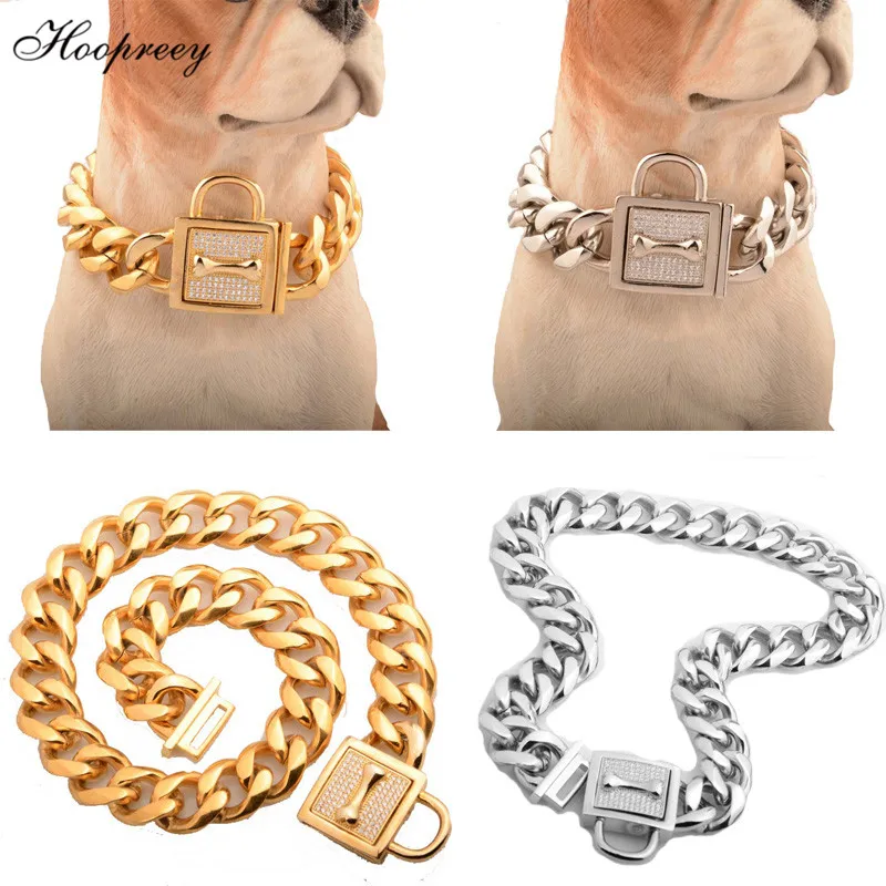 

19mm High Quality Dog Collar for Large Dogs Strong Silver Gold Stainless Steel Chain Jewled Dogs Training Choke Chain Collars 10
