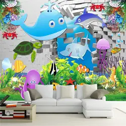 3D пользовательские мультфильм обои белый камень кирпич фото фрески дети подводный мир стола лист домашнего декора для детской комнаты