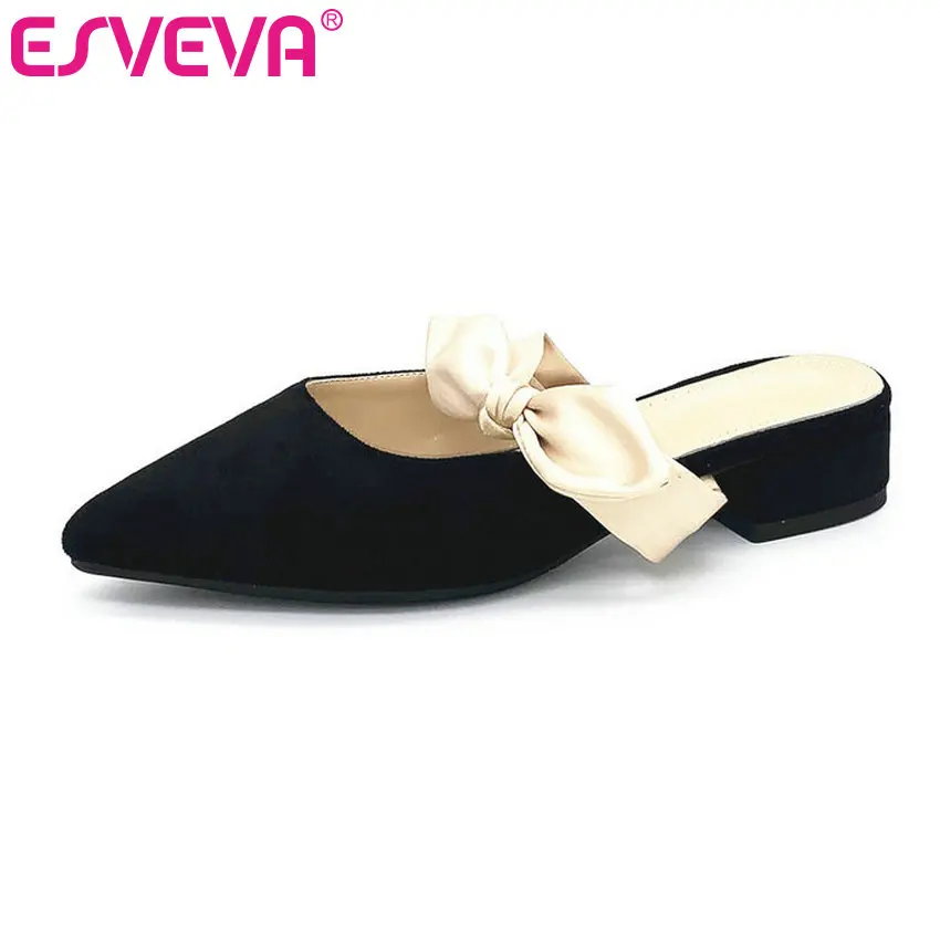 

ESVEVA 2019 Ladies Sandals Low Heel PU+Flock Ladies Western Style Slip On Concise Butterfly-Knot Women Shoes Summer Size 34-43