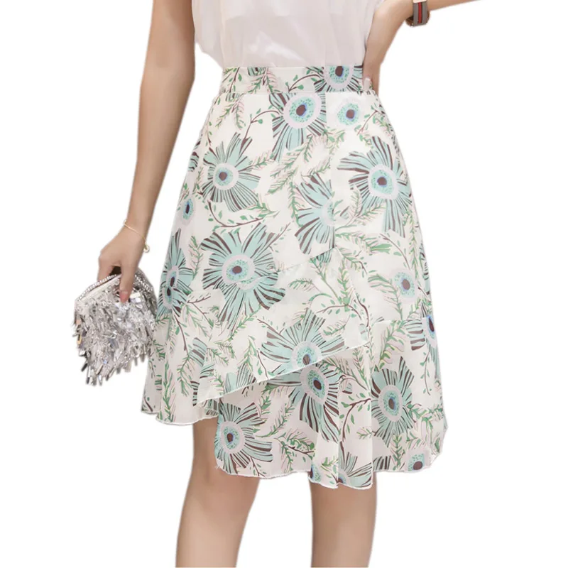 Корейская шикарная элегантная Асимметричная шифоновая с цветочным принтом юбка юбка с оборками женские летние юбки с высокой талией Saias Jupe