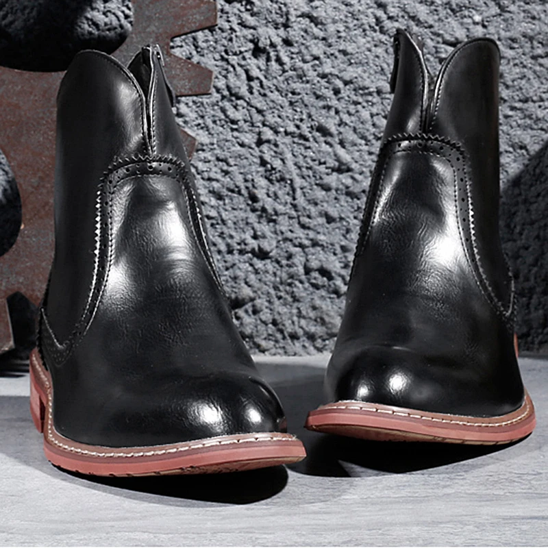 brown Brogue Zipper claret plush Black plush Vintage 2019 Brown Do Toe Inverno Botas Chelsea Esculpida À Misalwa Apontou Moda Para Boots Homens Claret Outono Ankle 8F14x4