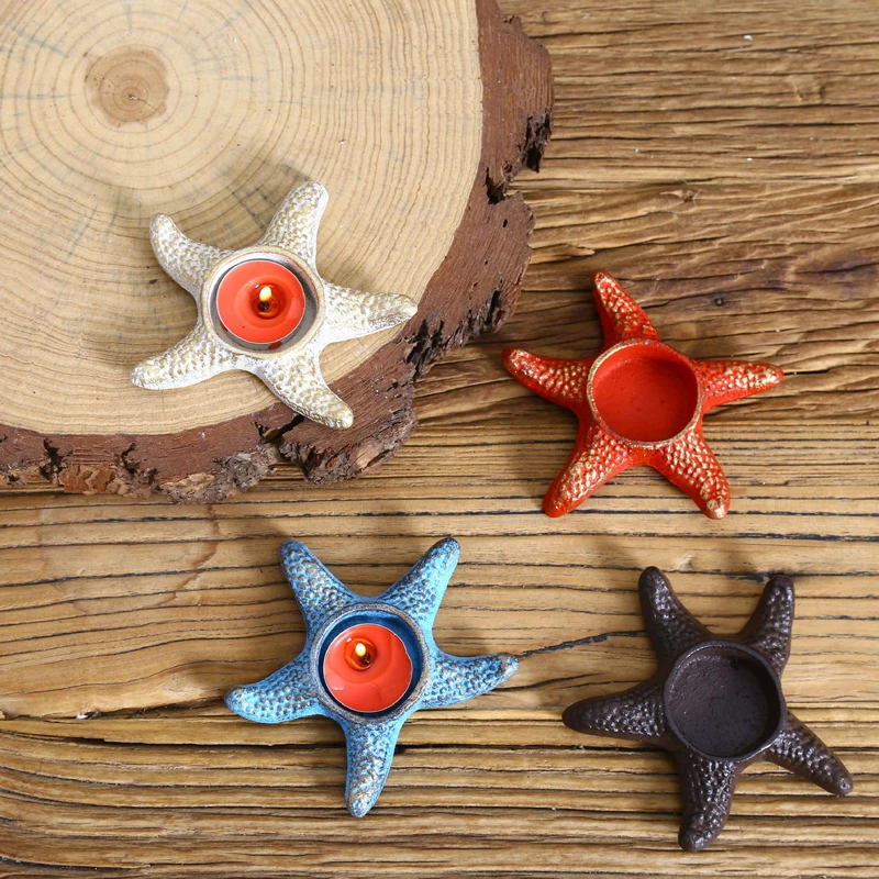 

European Antique White Blue Red Rustic Colors Home Decor Sea Star Fish Shaped Cast Iron Tea Light Candle Holder