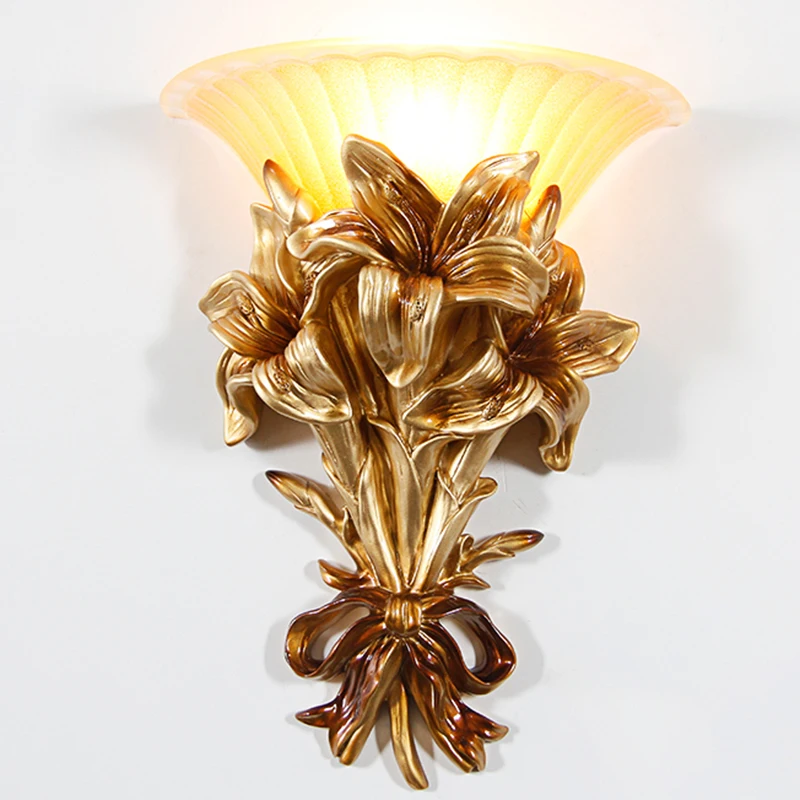 Buy Classic LED Glass Gold Wall Lamp Gold Resin Flower